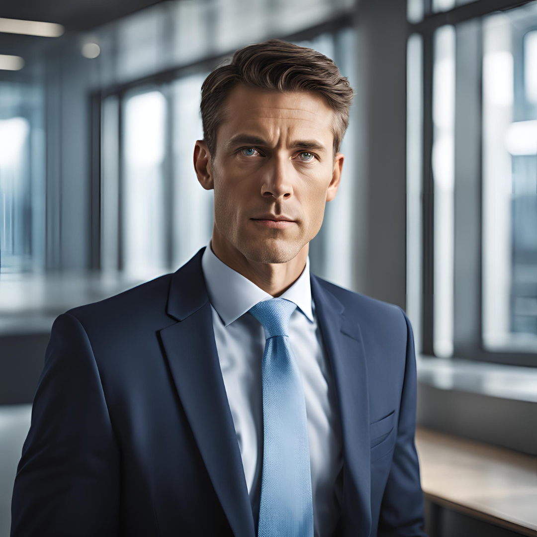 White professional male with blue tie